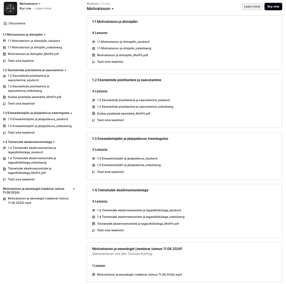 Motivatsiooni ja distsipliini veebikoolitus, mis aitab seada eesmärke, hoida järjepidevust ja tulla toime tagasilöökidega treeningutes