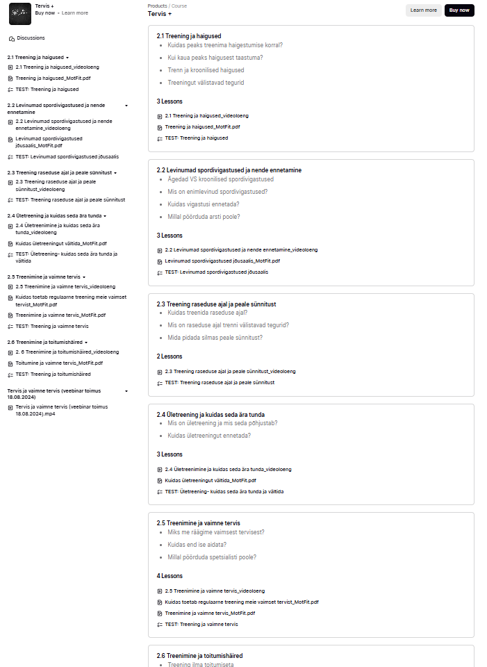 Tervise ja vigastuste ennetamise veebikoolitus, mis käsitleb treeninguga seotud riske, taastumist ja vaimset heaolu