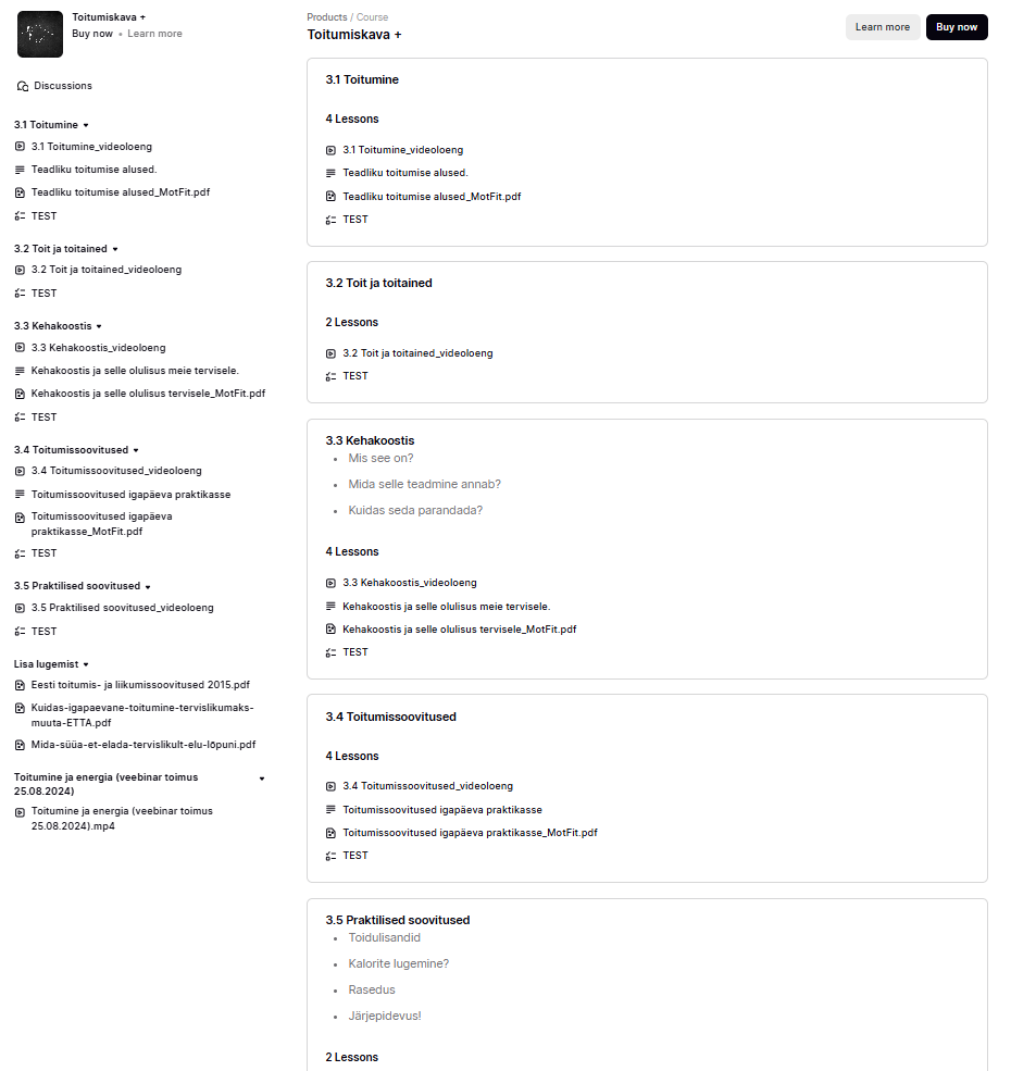 Veebipõhine toitumiskoolitus, mis õpetab teadlikku toitumist, kehakoostise mõistmist ja praktilisi toitumissoovitusi igapäevaellu. Personaalne toitumiskava