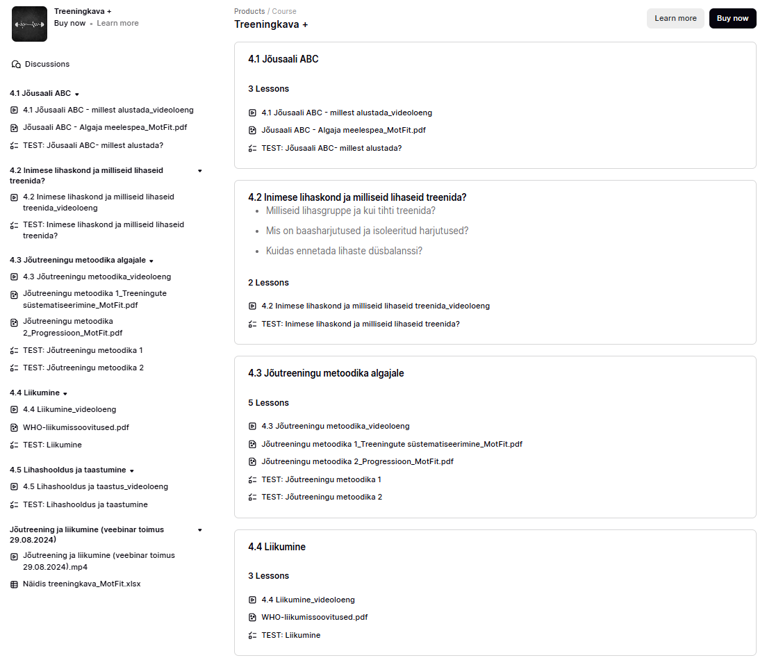 Treeningkava+ veebikoolituse sisuvaade koos jõusaali ABC, lihaskonna, jõutreeningu ja liikumise moodulitega